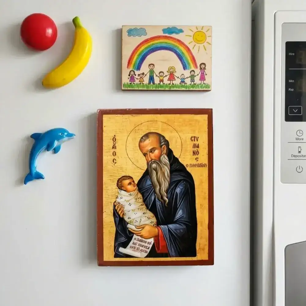 Saint Stylianos Byzantine wooden icon with swaddled child with magnet.