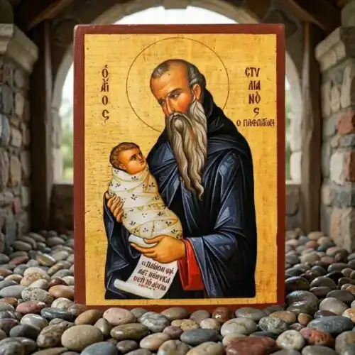 Saint Stylianos of Paphlagonia – Byzantine Wooden Mounted Icon, handmade Orthodox Christian gift from The Faith Shop NY