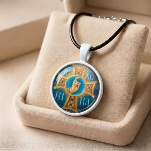 IC XC NIKA Blessing Hand of Christ glass cabochon pendant necklace with white alloy bezel and black cord