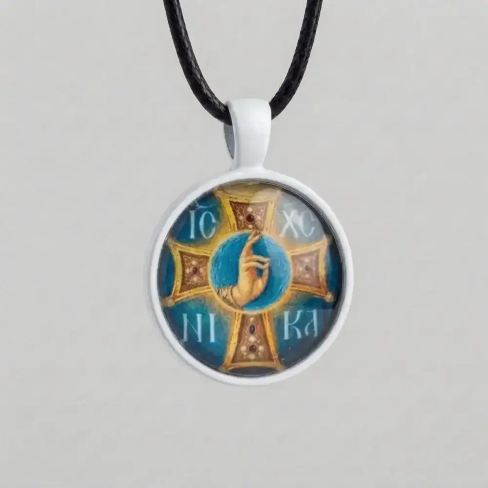 IC XC NIKA Blessing Hand Pendant Necklace White Alloy BezelICXC-The-Blessing-Hand-of-Jesus-Christ-Glass-Cabochon-religious-Christian-Pendant-White-with-black-cord IC XC NIKA Blessing Hand of Christ glass cabochon pendant necklace with white alloy bezel