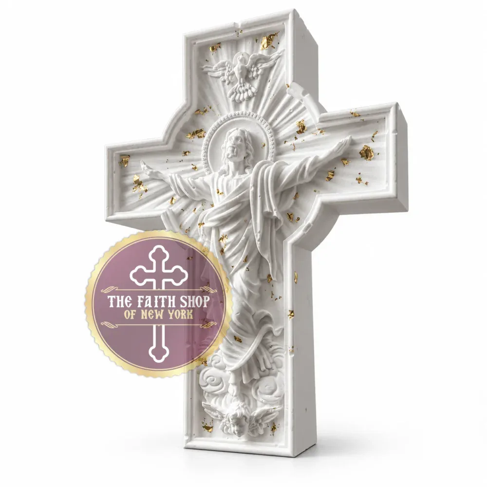 Resurrection Standing Cross Isolated View The Resurrection Standing Cross made of white ceramic resin with gold leaf accents, shown from an angled perspective against a clean white background with The Faith Shop of New York logo.