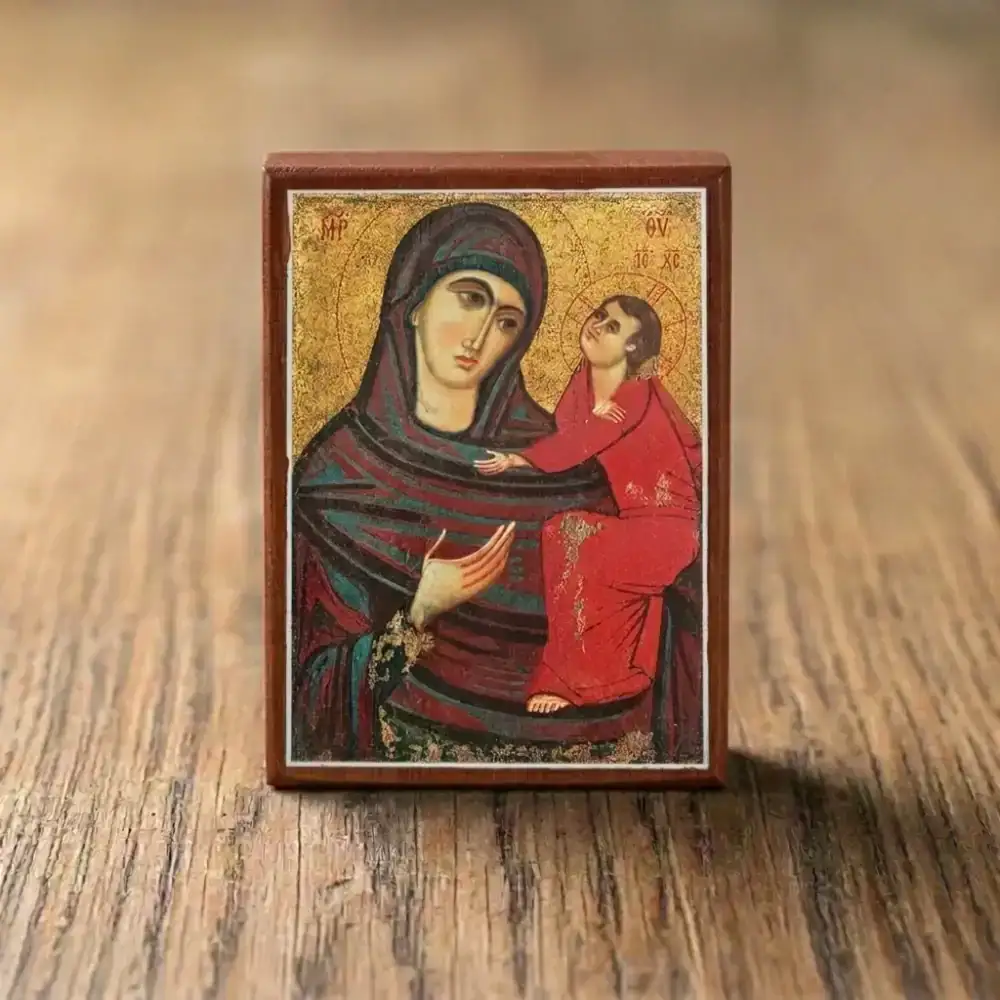 Panagia Hodegetria Wooden Mounted Orthodox Icon - Front View Panagia Hodegetria wooden mounted Orthodox icon of the Mother of God pointing to Christ, handmade on wood by The Faith Shop NY.