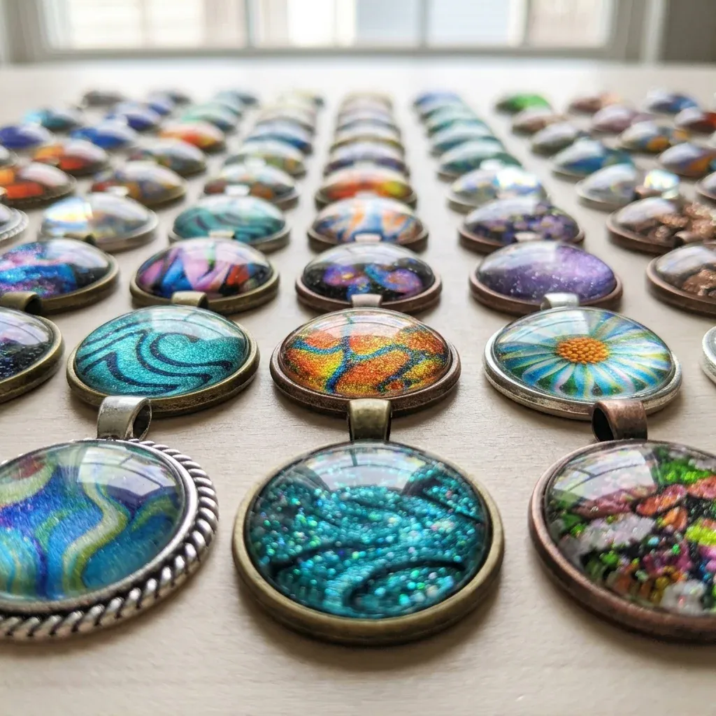 Close-up, low-angle view of round glass cabochon pendants in various colorful designs set in metal trays, arranged on a light surface.