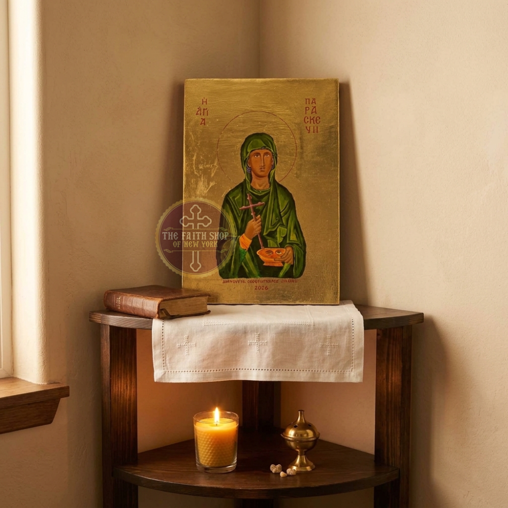 Hand-Painted Byzantine Icon of Saint Paraskevi on Corner Shelf Orthodox Byzantine icon set on a wooden shelf next to a burning candle and a censer against a beige wall.