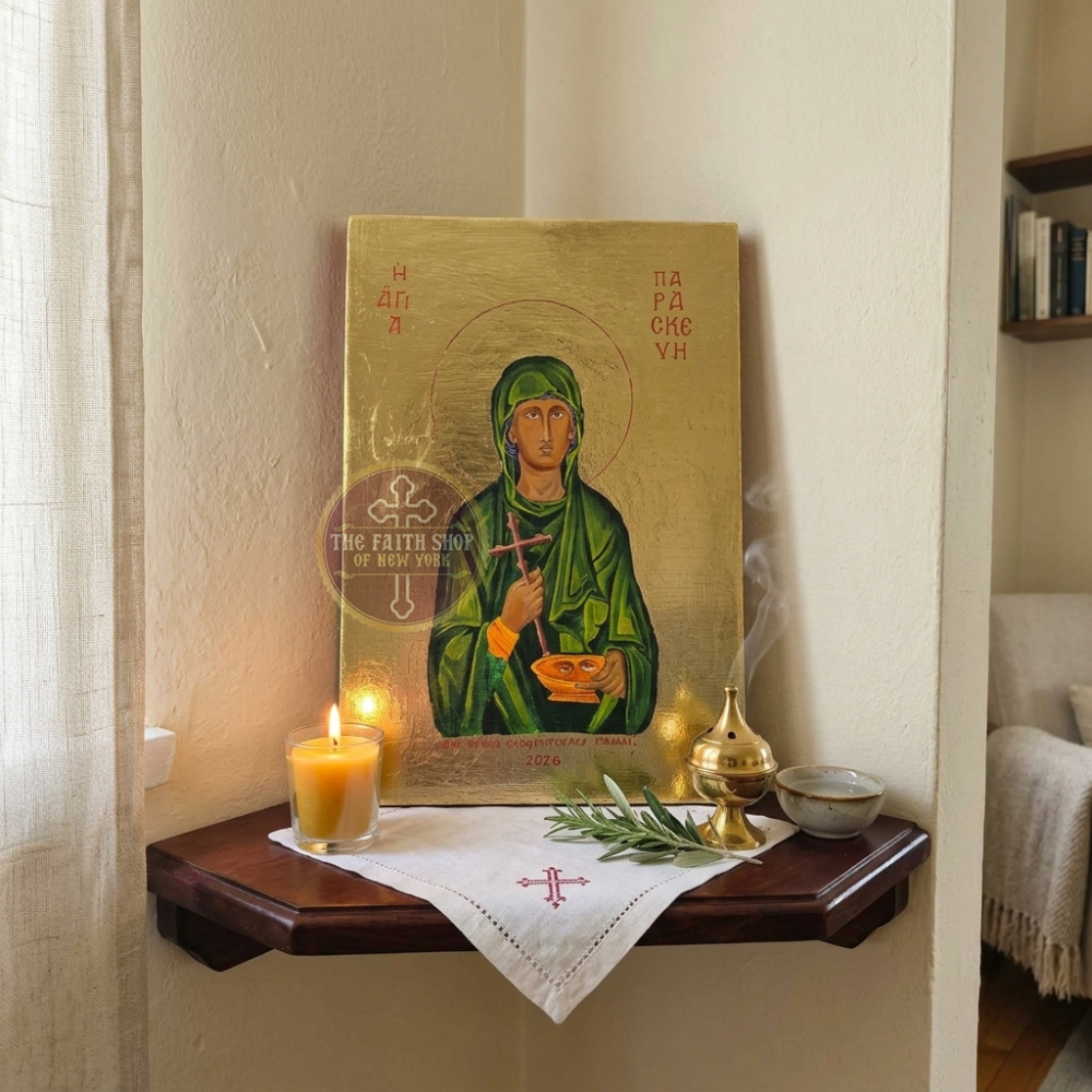 Orthodox Home Shrine with Saint Paraskevi Icon and Olive Branch Saint Paraskevi hand-painted Orthodox icon in a home prayer corner