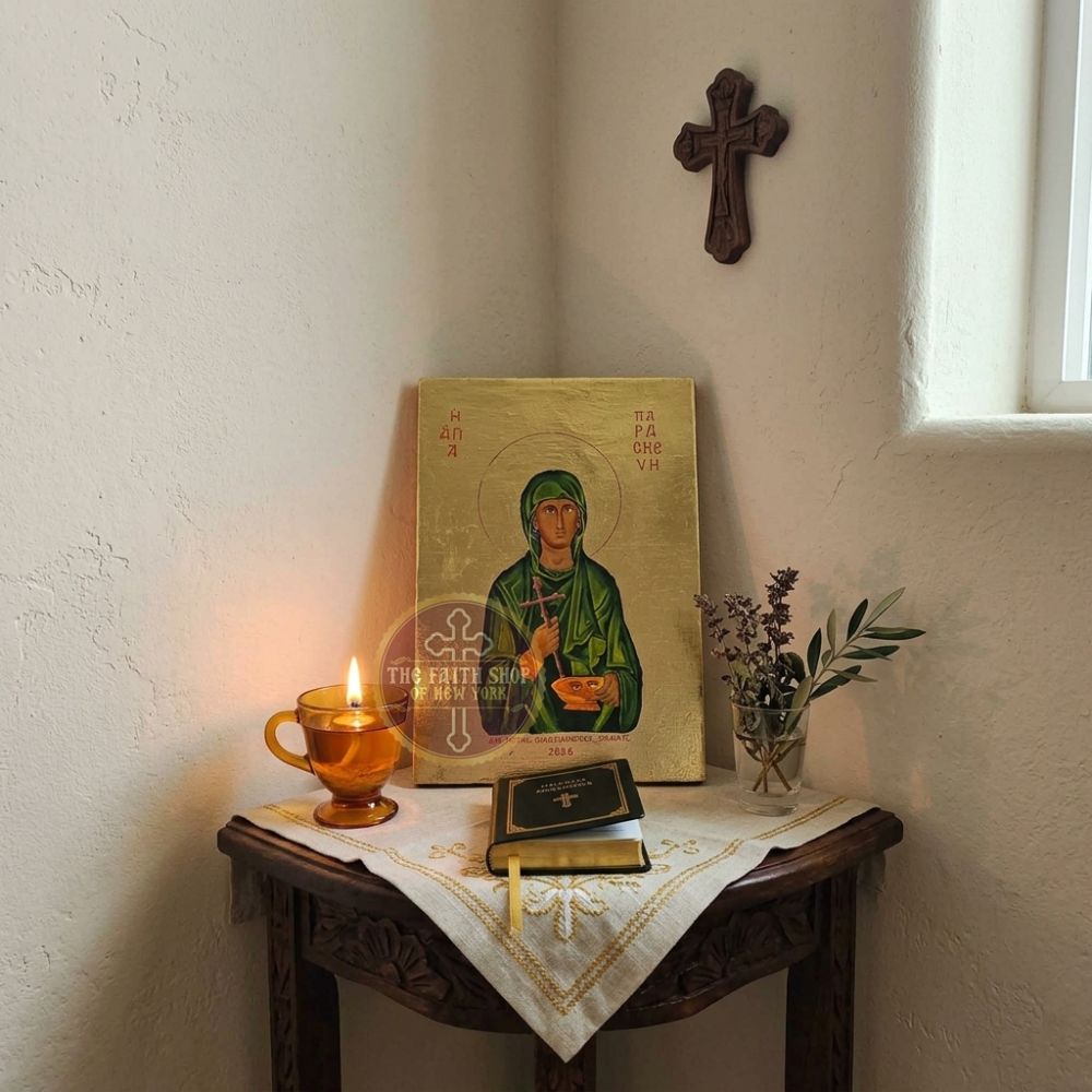Corner Prayer Nook with Gospel Book and Candle Wooden icon of Saint Paraskevi on a corner table with a book, lit candle, and flowers.