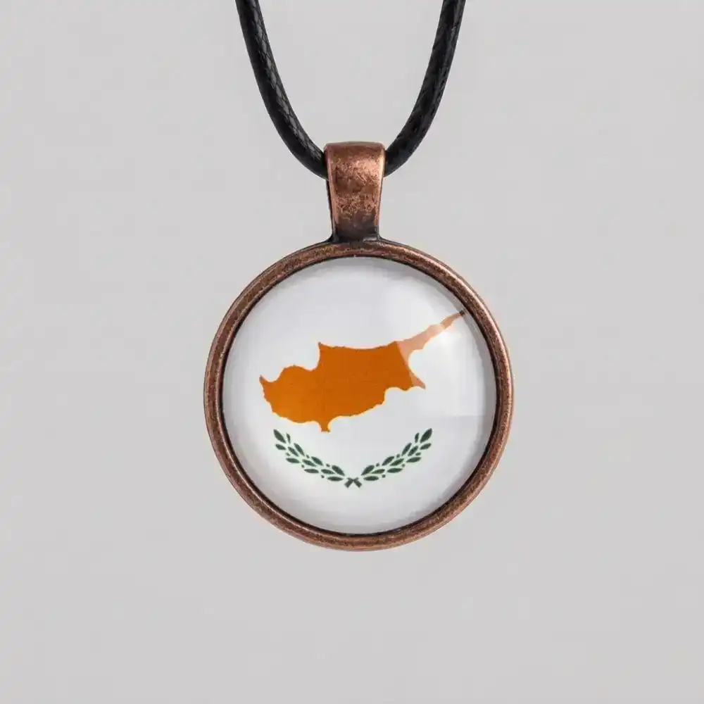 Cyprus Flag Glass Cabochon Pendant Front View Close-up of a round pendant displaying the Cyprus flag under a glass cabochon in an antique red-bronze bezel.