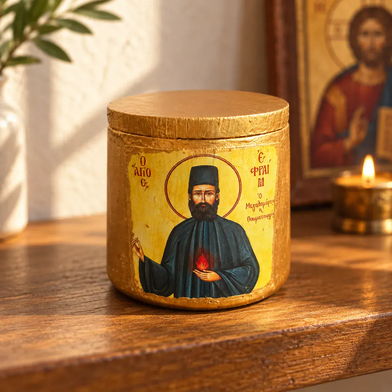 Saint Ephraim ceramic keepsake jar with lid, white ceramic resin Orthodox storage vessel for frankincense and prayer corner supplies