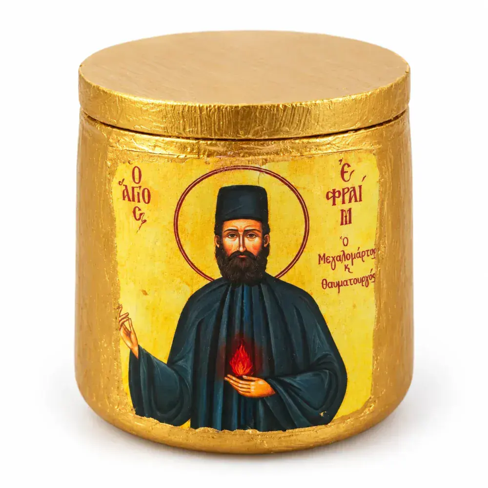 Saint Ephraim Ceramic Keepsake Jar with Lid - Front Detail Saint Ephraim ceramic keepsake jar front detail with Orthodox icon and white ceramic resin finish