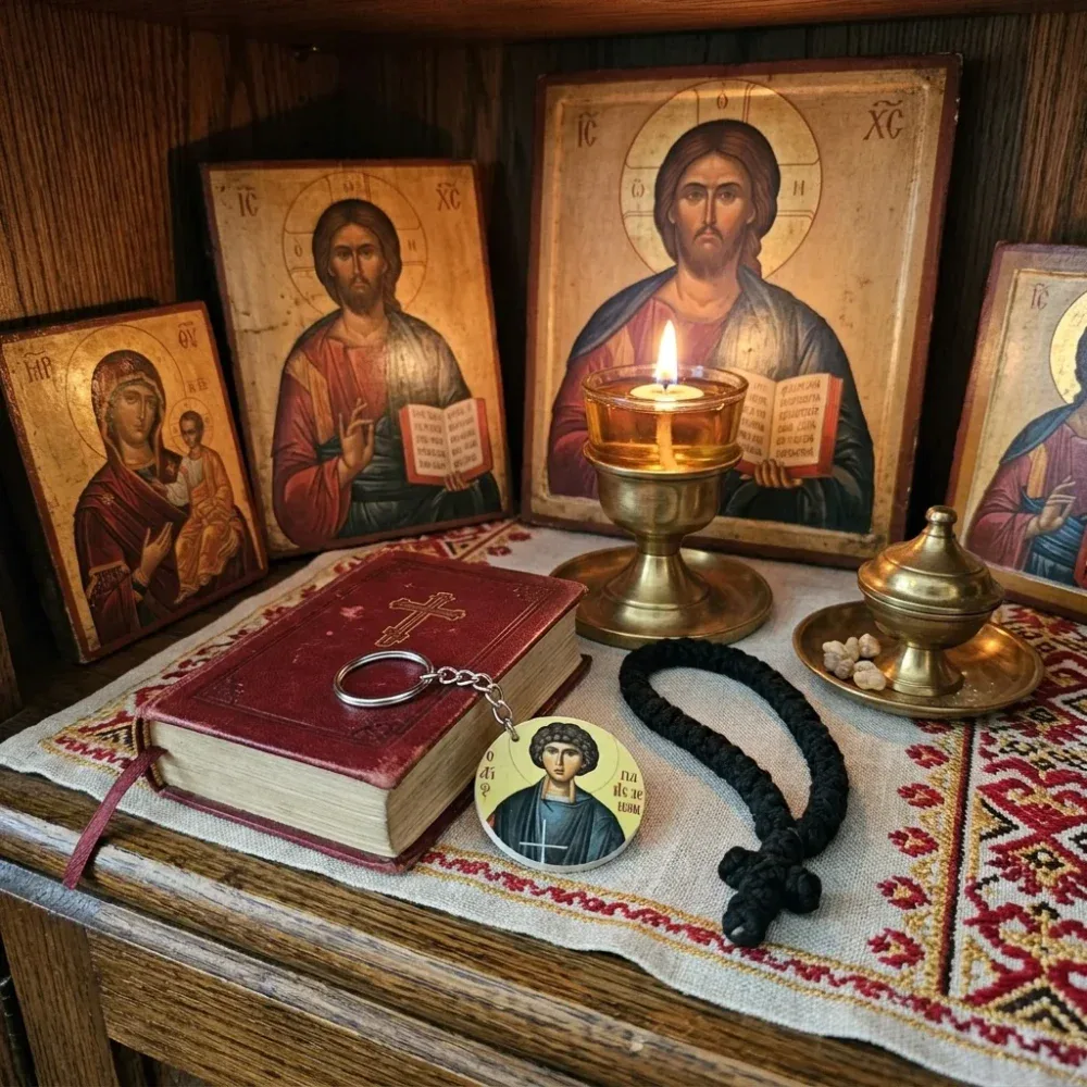 Saint Panteleimon Wood Mounted Keychain - Prayer Corner Setup Saint Panteleimon wood mounted keychain resting on a red Gospel book next to a prayer rope, oil lamp, and icons