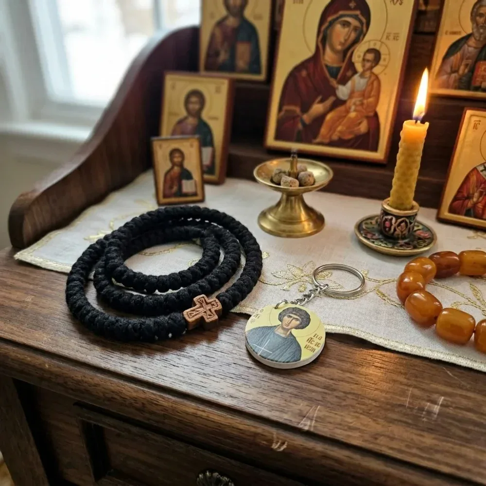 Saint Panteleimon Wood Mounted Keychain - Devotional Display View Saint Panteleimon wood mounted keychain placed on a wooden shelf beside a 100-knot prayer rope and beeswax candle