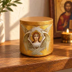Seraphim Ceramic Keepsake Jar with Lid showing the icon of a Seraphim with hand-finished gold accents
