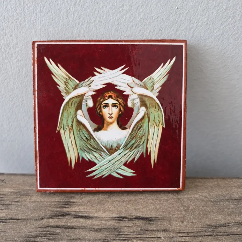 Seraphim Wooden Mounted Icon โ 3x3 Inches โ Front View Seraphim wooden mounted icon, 3x3 inches, front view with pale wings on a burgundy background