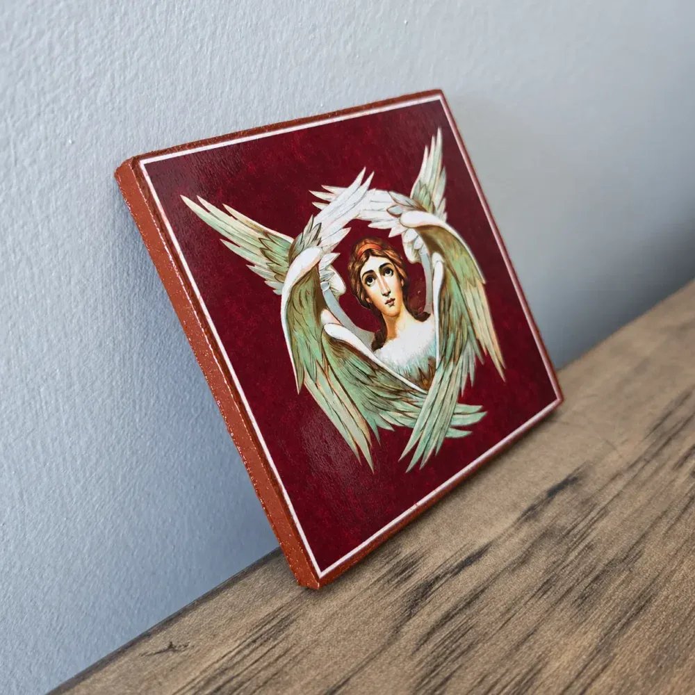 Seraphim Wooden Mounted Icon โ 3x3 Inches โ Angled View Seraphim wooden mounted icon, 3x3 inches, angled view showing the 0.3-inch wooden edge