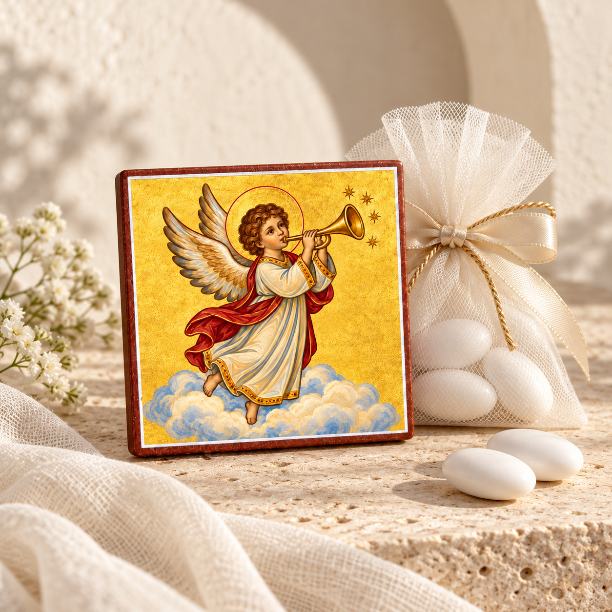 Golden trumpet angel wooden icon beside an ivory tulle bag and gold ribbon, styled as an Orthodox baptism favor