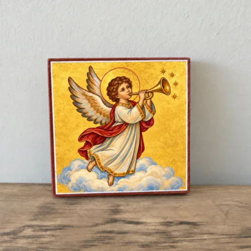 Angel with Golden Trumpet square wooden mounted icon, front view showing the reddish wooden edge and gold-toned angel artwork