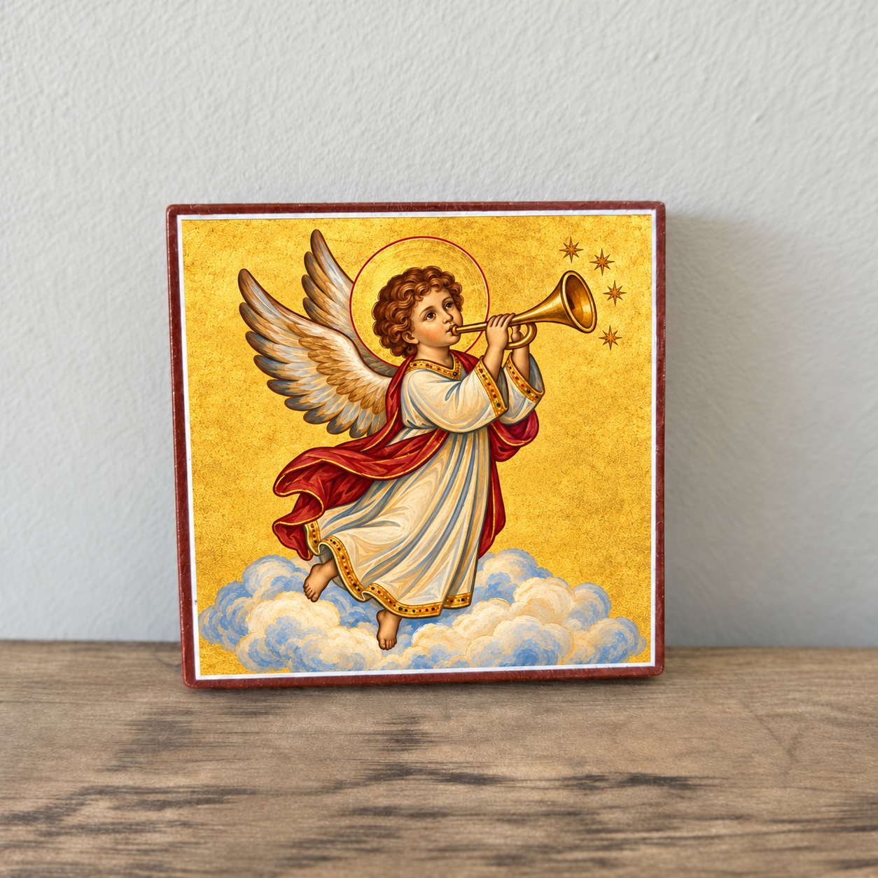 Angel with Golden Trumpet square wooden mounted icon, front view showing the reddish wooden edge and gold-toned angel artwork