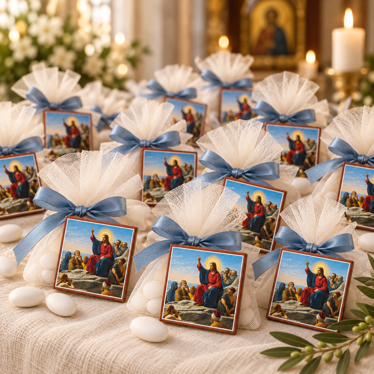 Jesus Sermon on the Mount Baptism Favors with Blue Ribbons Rows of Jesus Sermon on the Mount wooden icons styled as Orthodox baptism favors with ivory tulle and blue ribbons