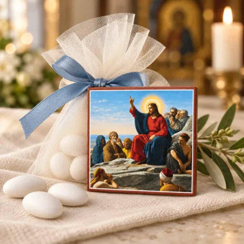Jesus Sermon on the Mount wooden icon styled as a baptism keepsake favor with ivory tulle and a blue ribbon