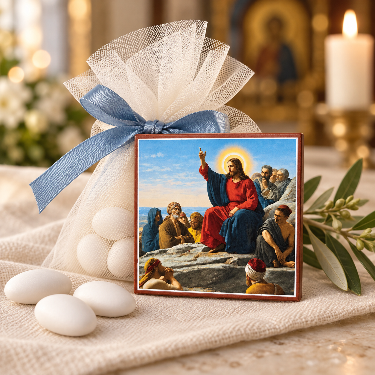 Jesus Sermon on the Mount Baptism Keepsake Favor Jesus Sermon on the Mount wooden icon styled as a baptism keepsake favor with ivory tulle and a blue ribbon