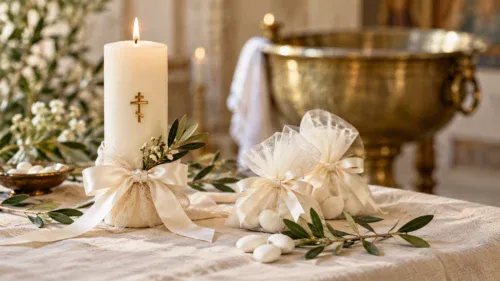 Orthodox baptism inspiration with an ivory cross candle, tulle favor bags, white almonds and olive branches