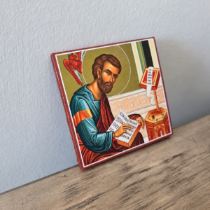 Saint Luke the Evangelist square wooden icon, angled view showing the 0.3-inch wooden edge, 3x3 inches