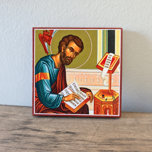 Saint Luke the Apostle and Evangelist Square Mounted Icon – Front View Saint Luke the Evangelist square wooden icon, front view showing the Apostle writing beside the winged ox, 3x3 inches