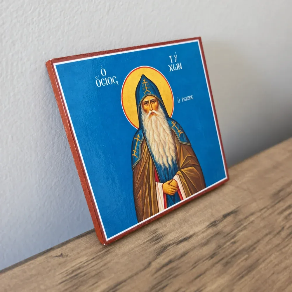 Saint Tikhon the Russian Square Mounted Icon โ Angled View Saint Tikhon the Russian square wooden icon, angled view showing the 0.3-inch wooden edge, 3x3 inches