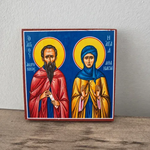 Saints Andronikos and Athanasia Square Mounted Icon – Front View Saints Andronikos and Athanasia square wooden icon, front view with golden halos and a blue background, 3x3 inches