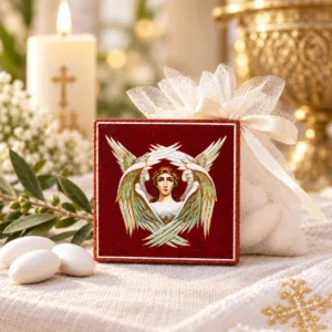 Seraphim Baptism Keepsake Favor wooden icon with burgundy artwork, styled with ivory tulle and ribbon