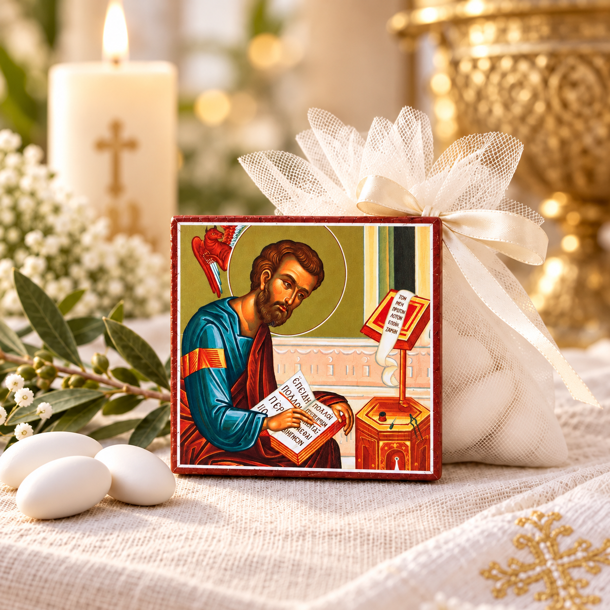 St. Luke the Apostle Baptism Keepsake Favor St. Luke the Apostle wooden icon styled as an Orthodox baptism keepsake favor with ivory tulle and ribbon