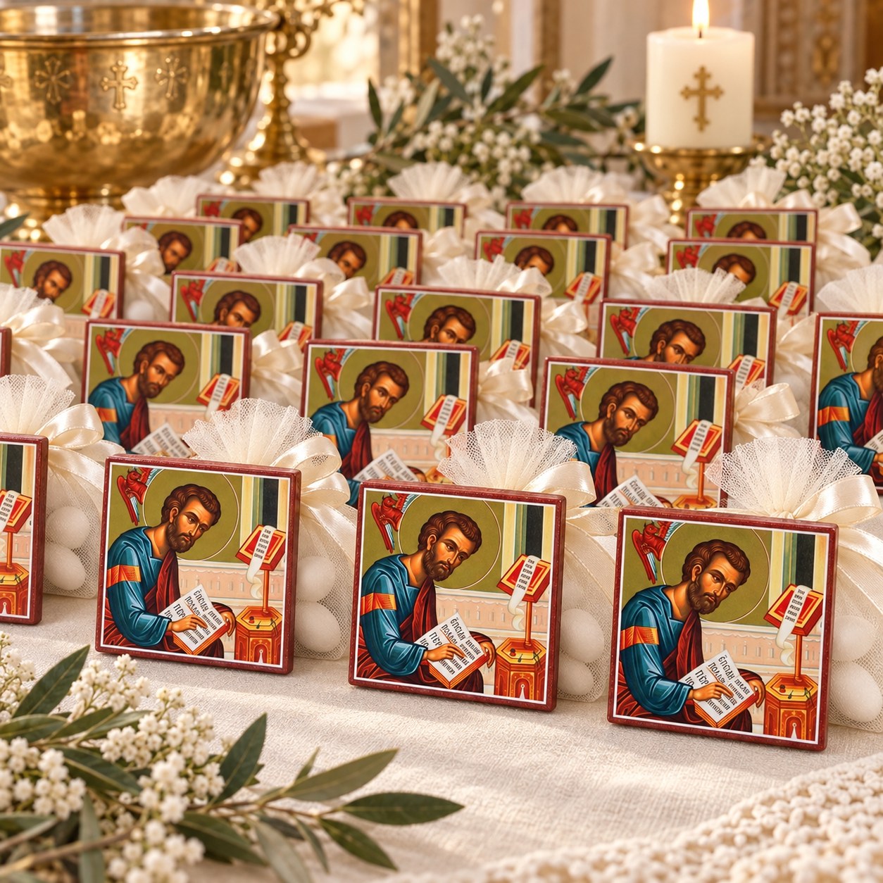 St. Luke Baptism Keepsake Favors in Ivory Rows Rows of St. Luke the Apostle wooden icons presented with ivory tulle and ribbons in an Orthodox baptism setting