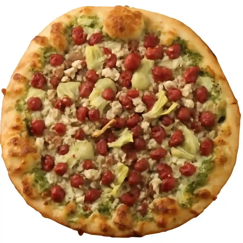 Freshly baked pizza with sausage, broccoli, and cheese toppings.