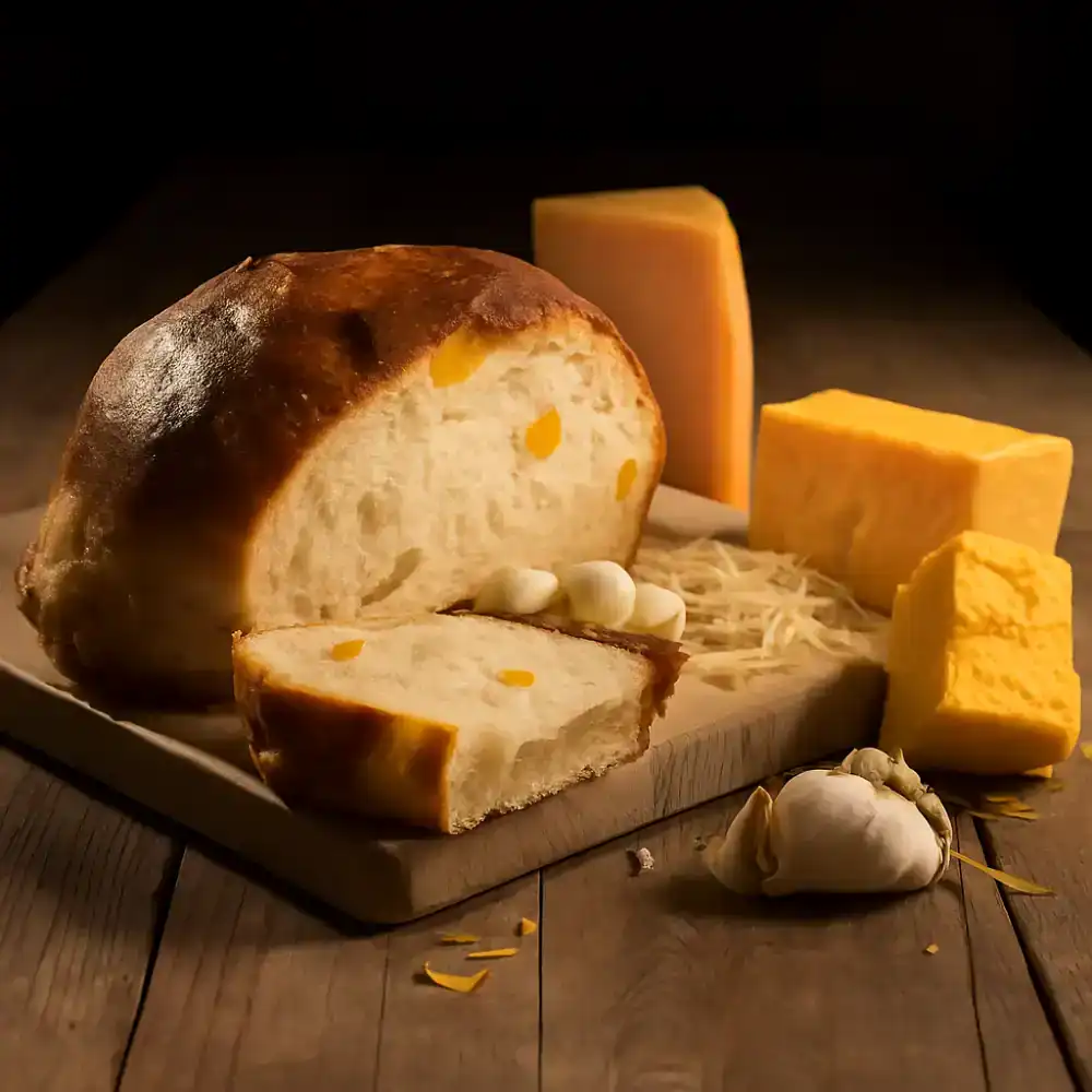Cheese and garlic bread with cheese blocks and garlic cloves on a wooden board.