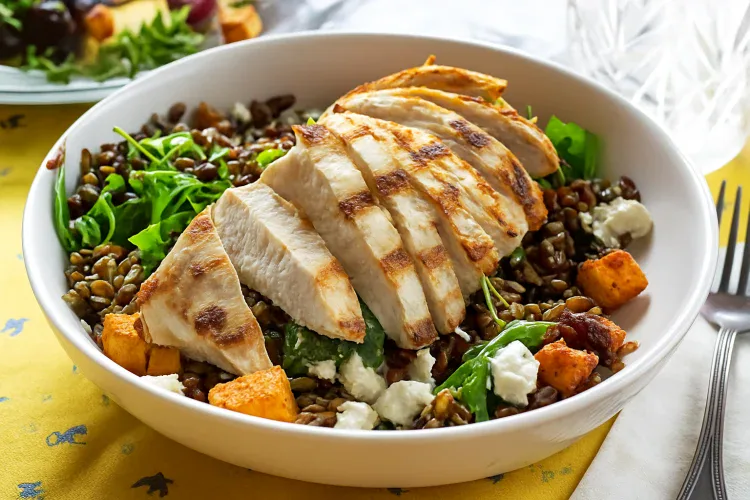 Healthy grilled chicken salad with lentils, greens, and cheese in a white bowl.