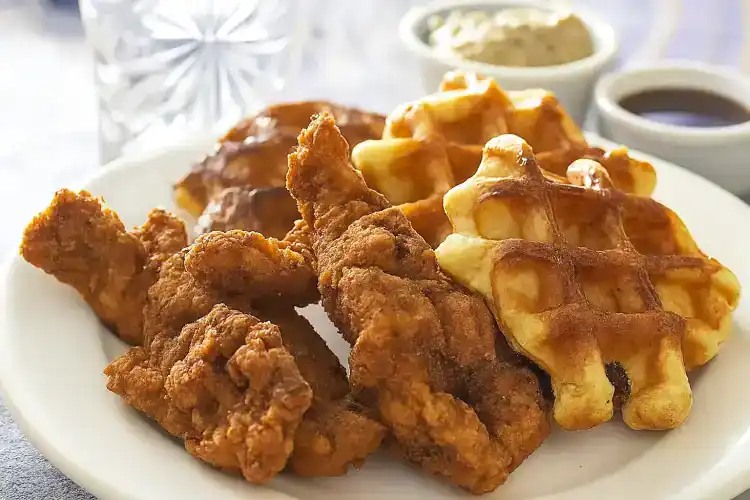 Crispy fried chicken with golden waffles on a white plate.