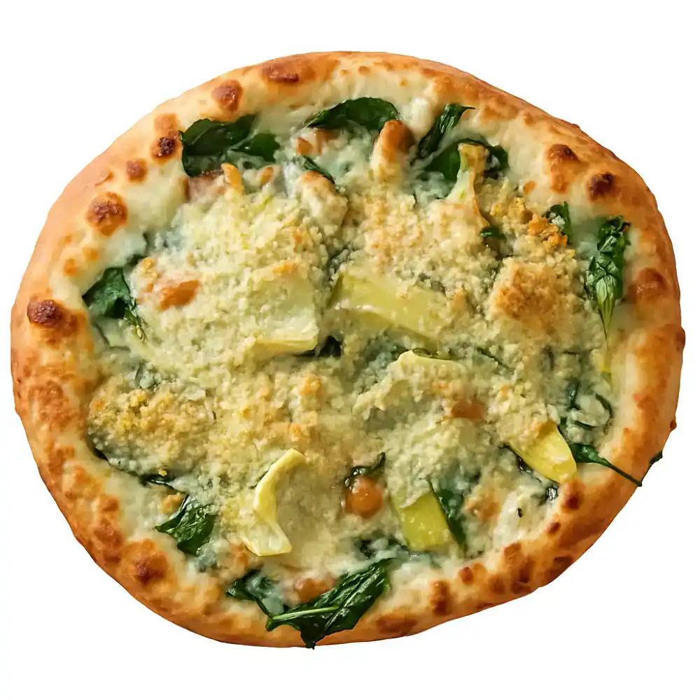 Fresh garlic and greens pizza with cheese and golden crust from Village Baker.