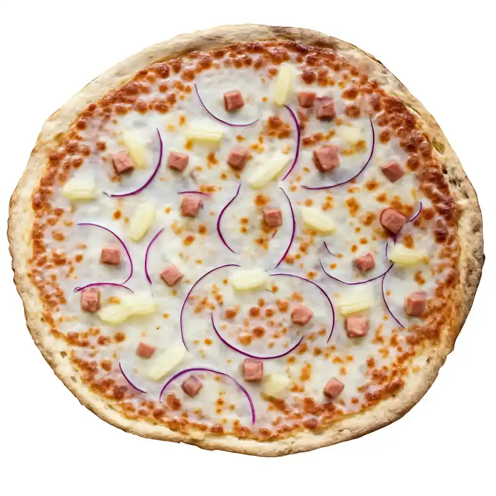Hawaiian pizza topped with ham, pineapple, and cheese on a crispy crust.