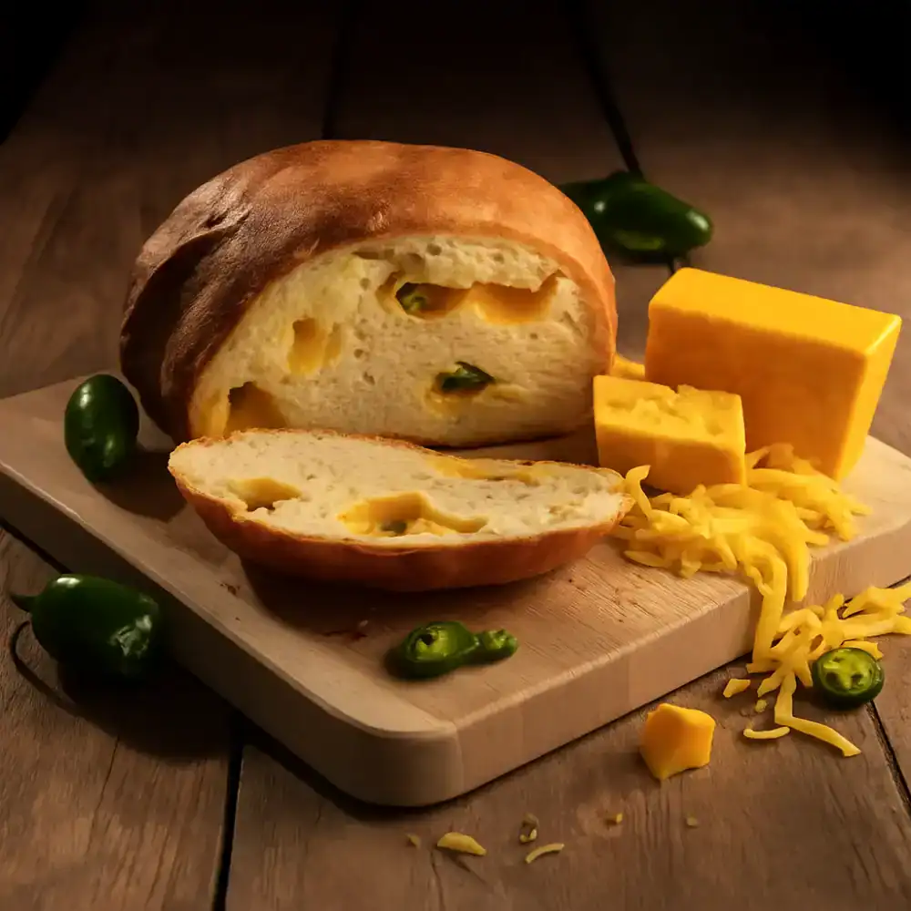 Fresh jalapeño cheddar bread with cheese slices on a wooden board.