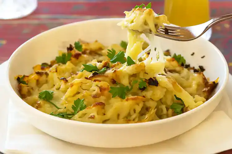 Delicious Käsespätzle with melted cheese and herbs in a white dish.
