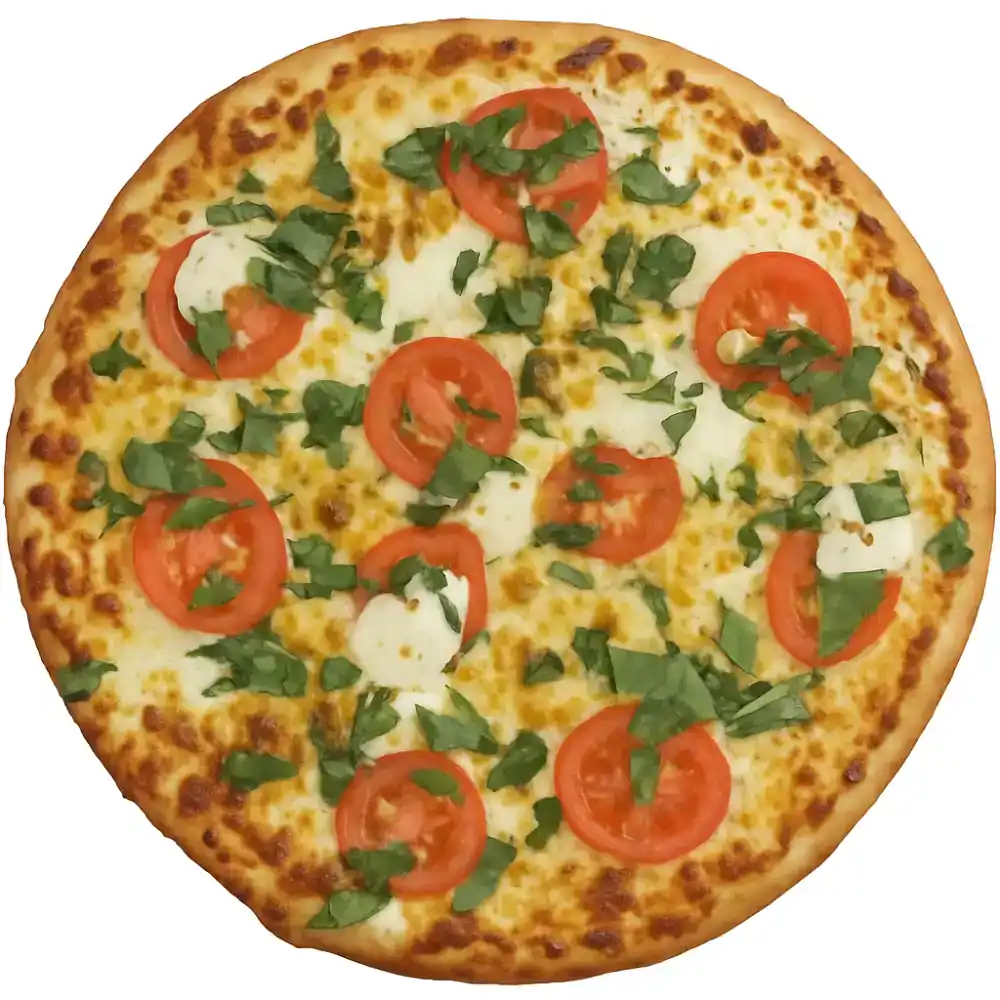 Fresh Margherita pizza with tomatoes, basil, and mozzarella cheese.