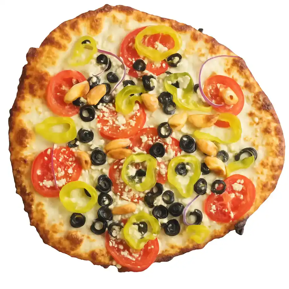 Vegetarian Mediterranean pizza with tomatoes, peppers, olives, and nuts.