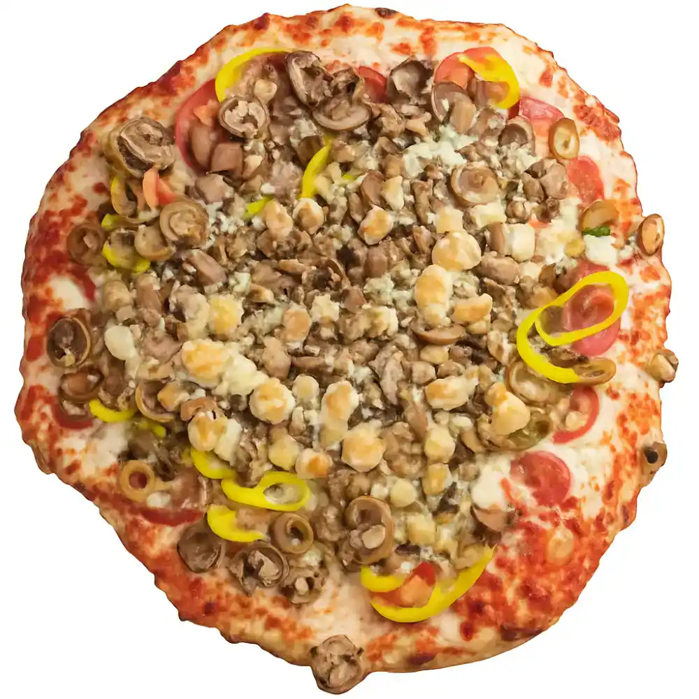 Delicious mushroom and pepper pizza with cheese and tomato sauce.