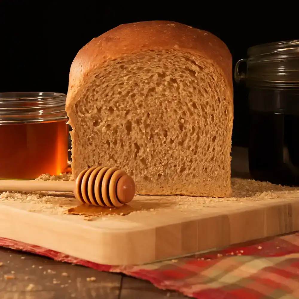Freshly baked nine grain bread with honey and honey dipper.