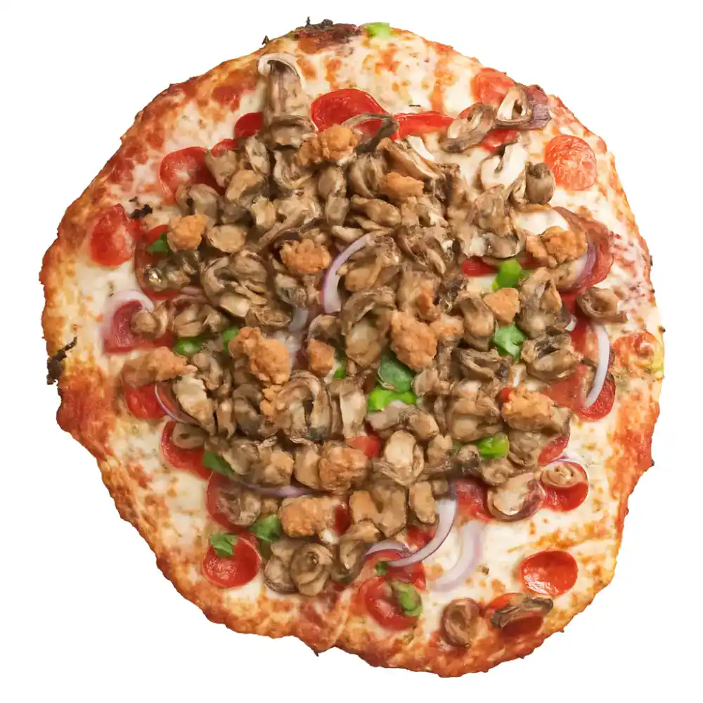 Delicious chicken and mushroom pizza with fresh toppings and melted cheese.
