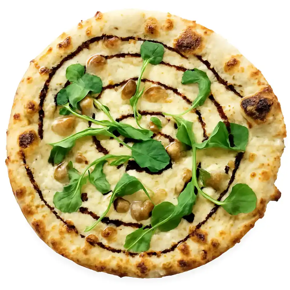 Delicious pizza with roasted garlic, chicken, and fresh greens from Village Baker.