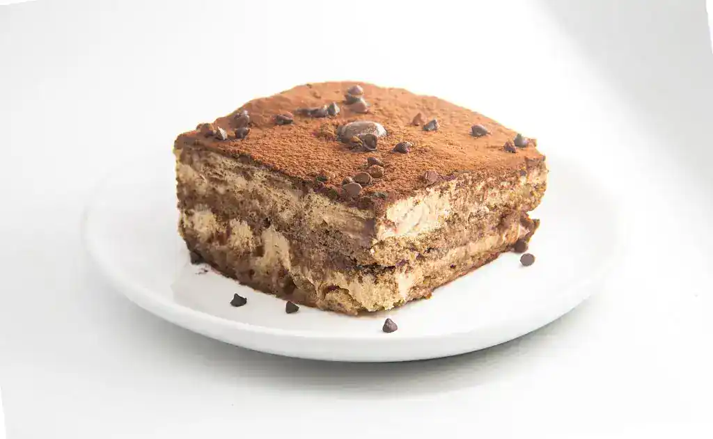 Delicious tiramisu with cocoa powder and chocolate chips on top.