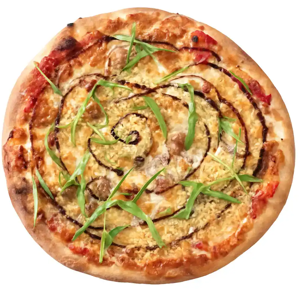 Fresh vegetable pizza with green herbs and spiral sauce design.