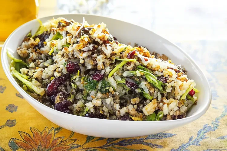 Healthy wild rice grain bowl with vegetables and cranberries in a white dish.