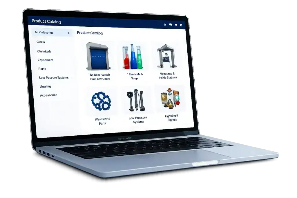 Laptop showing product catalog for washers solutions and parts.